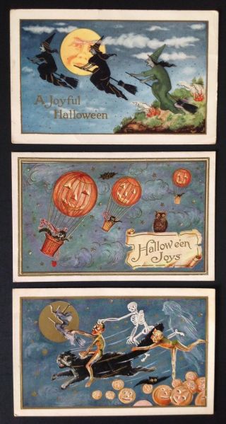 Vintage Whitney Halloween Postcards (3) Witches,  Skeletons,  Jol Hot Air Balloons