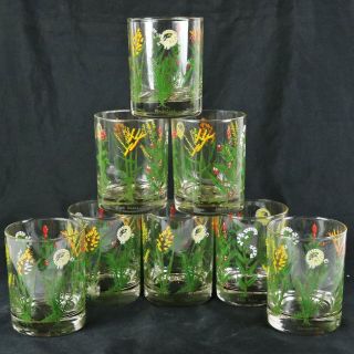 Set Of 8 Vtg Signed Neiman Marcus Weeds And Wildflowers Rocks Glasses