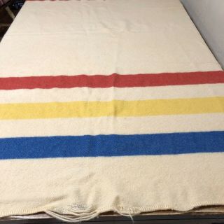Vintage Golden Dawn Wool Camp Blanket Jc Penney Blue Yellow Red Striped 71 " X79 "