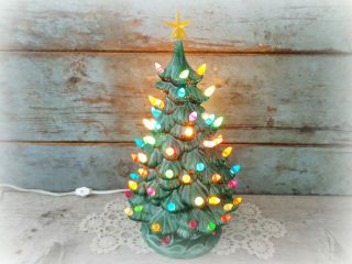 Vintage Ceramic Christmas Tree Colored Lights With Base - 18 " Large