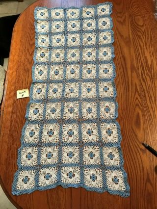 Sweet Vintage Blue White Hand Crocheted Granny Square Table Runner Bureau Scarf