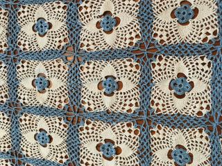 Sweet Vintage Blue White Hand Crocheted Granny Square Table Runner Bureau Scarf 2