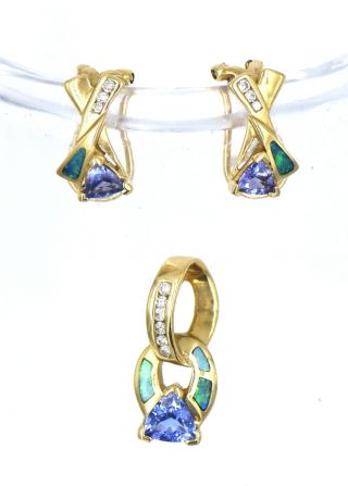 Modern Designer Black Opal Diamond Tanzanite Earring Pendant Suite 14k Gold Sts