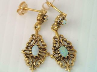 Antique Victorian Style Solid 14k Gold Filigree Opal Earrings
