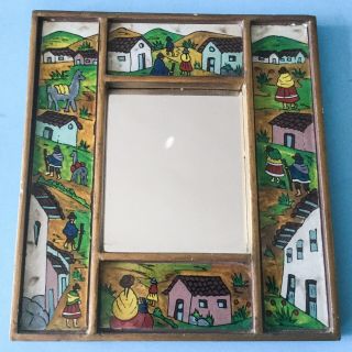 Vintage 5 Sections Peruvian Hand Painted On Glass & Gilded Wooden Mirror