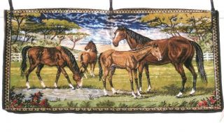 Vintage Italian Wall Hanging Velvet Tapestry Horses Grazing Made In Italy