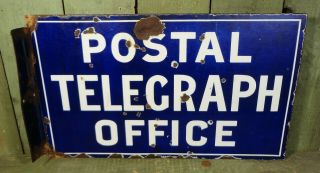 Antique Vtg Postal Telegraph Office,  Porcelain Enamel Two Sided Flange Sign