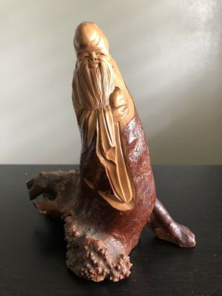 Fine Vintage Chinese Root Wood Carving Shou Lao Shou Xing Figure Art Sculpture