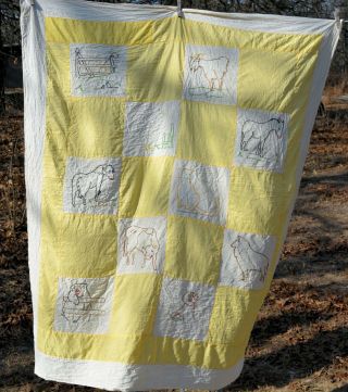 Vtg Unfinished Hand Embroidered Baby Quilt Top Yellow Farm Animals