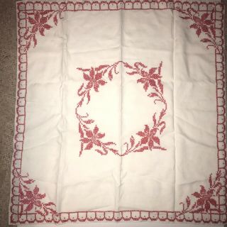 Vintage Hand Embroidered White Linen Tablecloth And 4 Off White Napkin Set Red