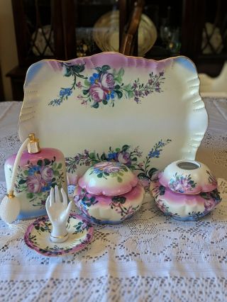 Vintage 5 Piece Vanity Dresser Set Porcelain Purple Pink Roses