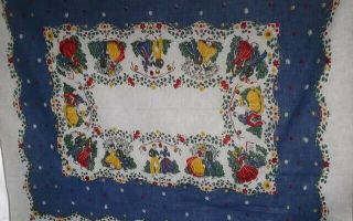 Vintage Tablecloth,  Blue Border With Red And Yellow Floral And Couples,  61x52