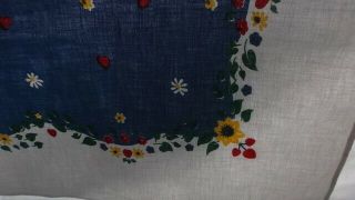 Vintage Tablecloth,  Blue Border with Red and Yellow Floral and Couples,  61x52 2
