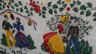 Vintage Tablecloth,  Blue Border with Red and Yellow Floral and Couples,  61x52 3