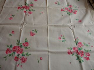Table Square Topper Tablecloth Pink Floral Roses 35 " Cotton Vintage 1950 