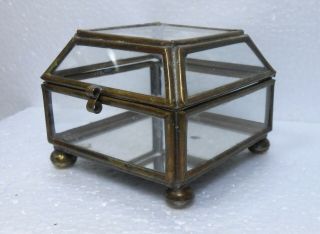 Vintage Small Footed Brass Glass Display Trinket Box Etched Ship Mirrored Bottom