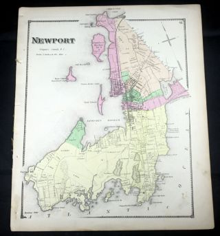 Antique 1870 D.  G.  Beers Atlas Hand Colored Map Newport Rhode Island