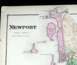 Antique 1870 D.  G.  Beers Atlas Hand Colored Map NEWPORT Rhode Island 2