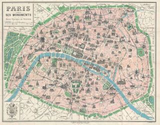 1925 Borremans Pictorial Map Of Paris,  France W/ Monuments