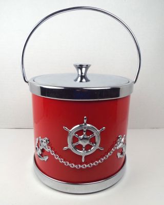 Vintage Red Patent Leather Ice Bucket Nautical Anchor Ship Mid Century Modern