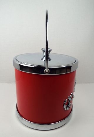 Vintage Red Patent Leather Ice Bucket Nautical Anchor Ship Mid Century Modern 2
