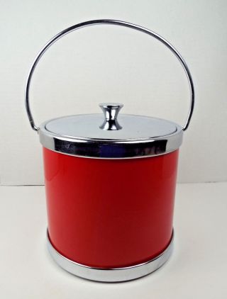 Vintage Red Patent Leather Ice Bucket Nautical Anchor Ship Mid Century Modern 3