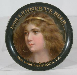 1907 Lehnert Brewing Co Tin Lithograph Tip Tray Woman Litho Beer Tray