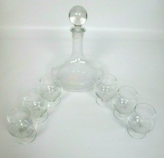 Glass Liquor Decanter With 6 Shot Glasses Etched Sailboats Nautical Clear Cruise