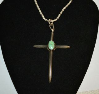 Large Vintage Southwestern Sterling Silver & Turquoise Cross Pendant W/ Chain