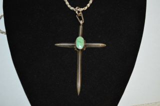 Large Vintage Southwestern Sterling Silver & Turquoise Cross Pendant w/ Chain 2