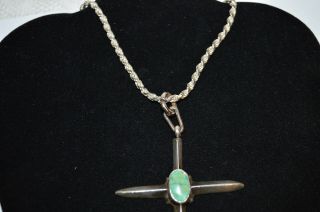 Large Vintage Southwestern Sterling Silver & Turquoise Cross Pendant w/ Chain 3