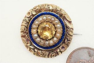 Antique Georgian English 15k Gold Enamel Pearl & Citrine Brooch / Pendant C1820