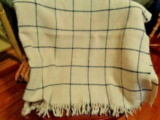 Amana Woolen Mills 100 Pure Wool Cream & Navy Fringed Blanket Throw Usa 58 X 60