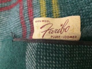 Vintage Faribo 100 Wool Blanket Throw Stadium Camp Green Gold Red Plaid Ladder