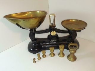 Antique Librasco England Cast Iron & Brass Balance Scale W / Weights