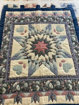 Farmhouse Vintage Handmade Hand Quilted Lone Star Hearts Tulips Quilt 38 " X 48 "