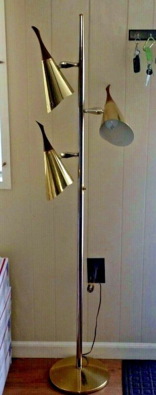 Mid Century Modern Pole Floor Lamp Vintage Eames Retro Teak Finials Brass Chrome