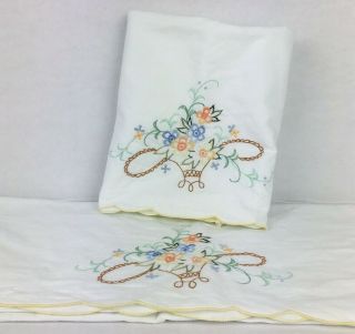 Vintage Hand Embroidered Flower Basket Pillowcases Floral Shabby Chic