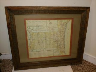 Vintage 1683 Framed Philadelphia City Pennsylvania Early French Map,  Rough Wood