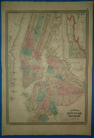 Vintage 1872 York City Brooklyn Map Old Antique Johnson 