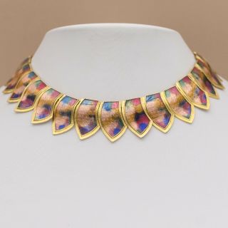 Vtg 1980’s Guilloche Enamel Goldtone Rainbow Collar Necklace