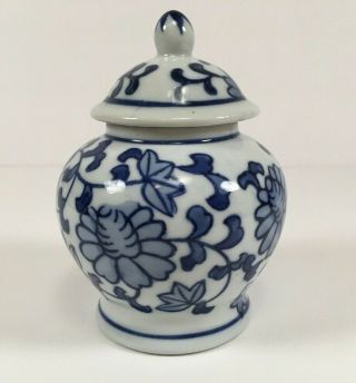 Small Blue & White Ginger Jar Hand Painted Flowers 5 "