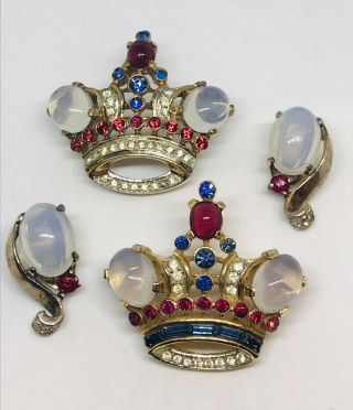 Iconic Trifari Alfred Philippe Moonstone Cabochon Royal Coronation Crown Set