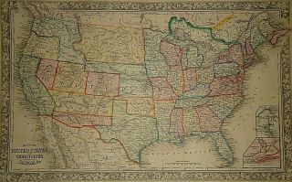 Vintage 1860 United States Western Territories Map Old Antique Quick & Sh