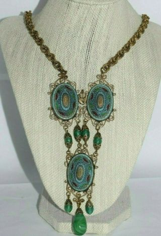 Art Nouveau Etruscan Revival Slag Glass Enameled Statement Pendant Necklace