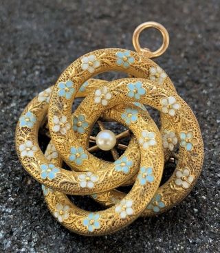 Antique Victorian 14k Yellow Gold Enamel Flower & Seed Pearl Brooch Pin Pendant