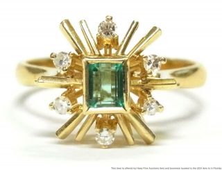 Hi Quality Natural Emerald Diamond 18k Gold Ring Vintage Midcentury Retro Deco