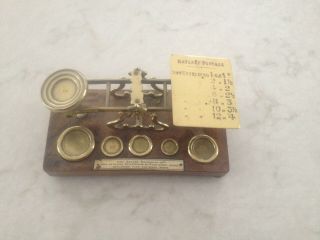 Antique English Brass Balance Postal Scale With Weights