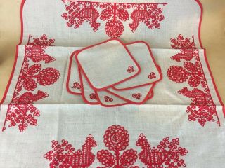 Vintage Embroidered Tablecloth Topper 4 Napkins Linen Red Embroiderey Peacocks