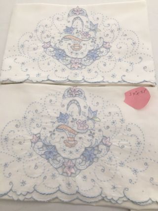 Two Vintage Hand Embroidered,  Cut Work,  Pillowcases.  34”x 21”
